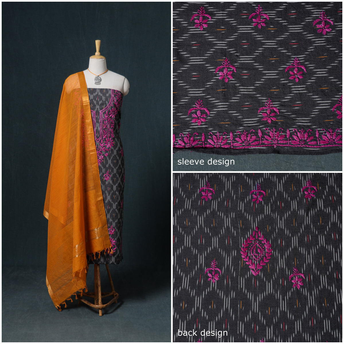 Lucknowi Chikankari Hand Work Unstitched Dress Material: Kurta & Dupatta with Jewellery 60