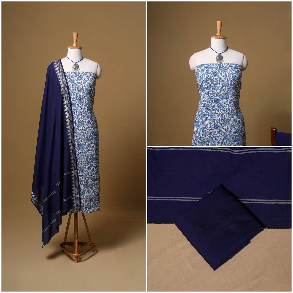 Floral Sanganeri Block Print Cotton Unstitched Dress Material: Kurta, Bottom & Dupatta with Jewellery 16