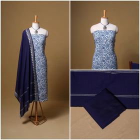 Floral Sanganeri Block Print Cotton Unstitched Dress Material: Kurta, Bottom & Dupatta with Jewellery 16