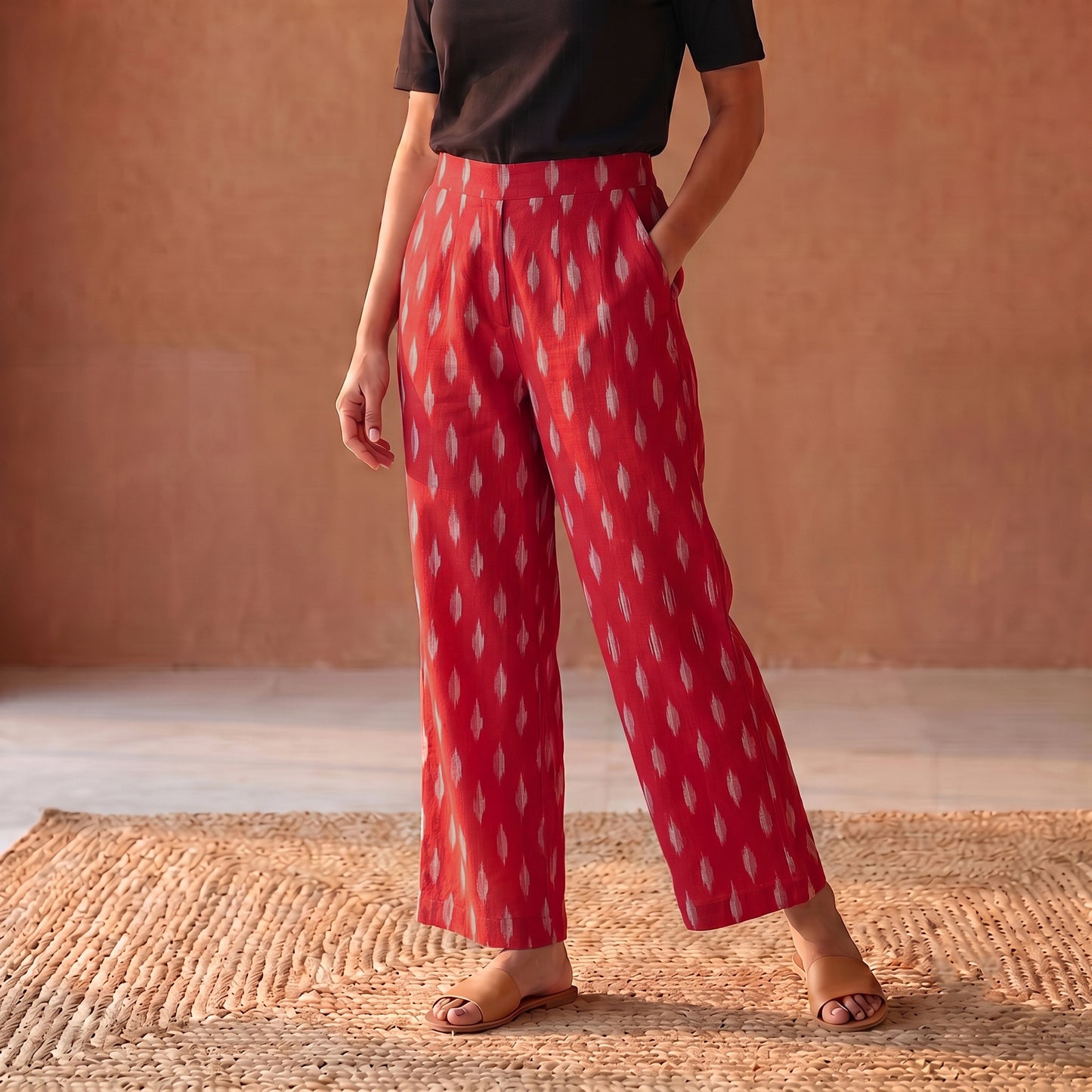 Elastic Waist Pochampally Ikat Weave Cotton Pant for Women 38
