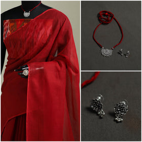 Red - Nazaakat Kota Doria Cotton Plain Saree with Blouse & Jewellery Set 179