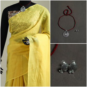 Yellow - Nazaakat Kota Doria Cotton Plain Saree with Blouse & Jewellery Set 17