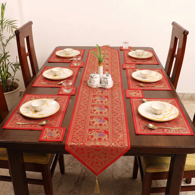Brocade Banarasi Silk Dining Table Linen with 1 Runner, 6 mats and 6 coasters 08
