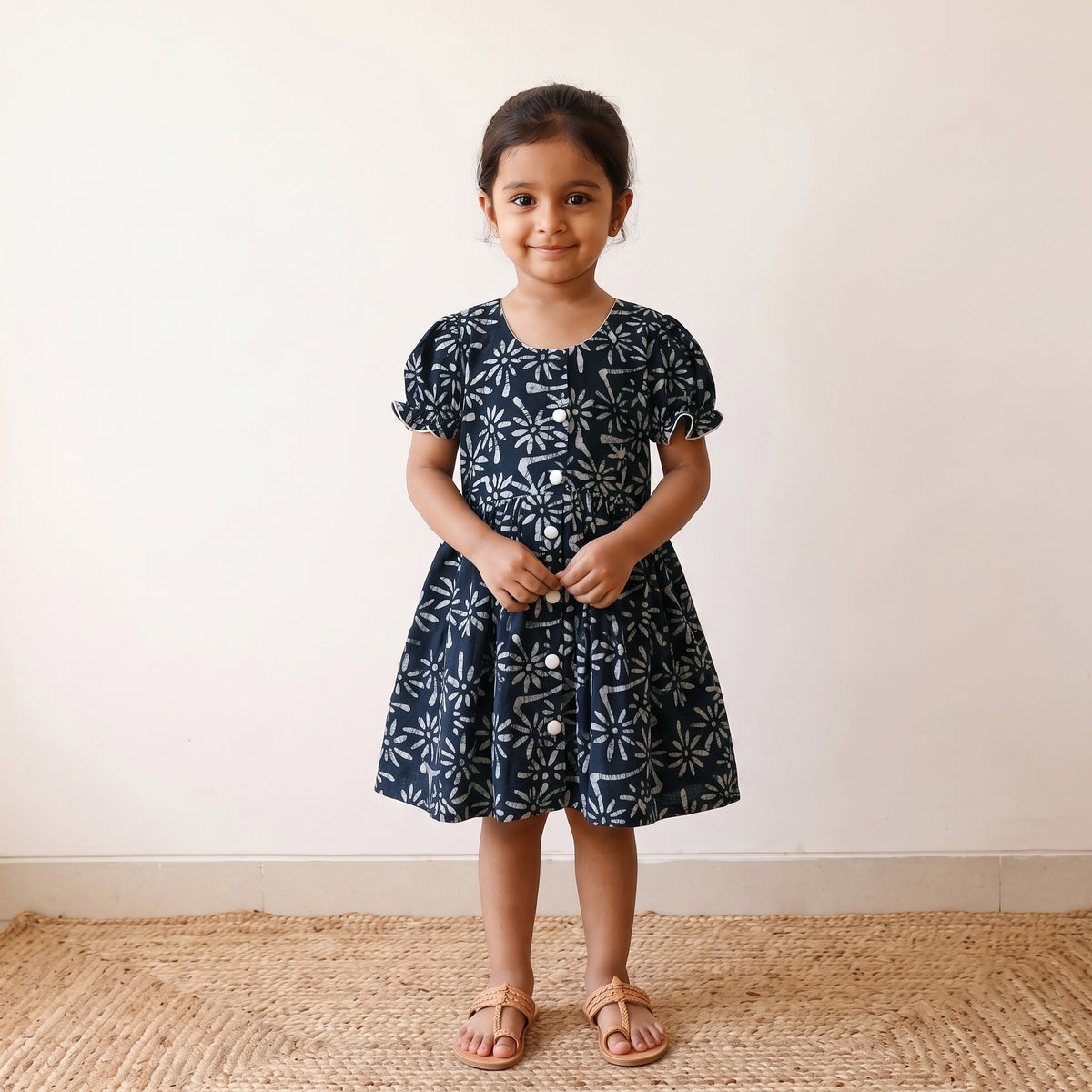 Black - pure cotton girls frock dress in batik block prints