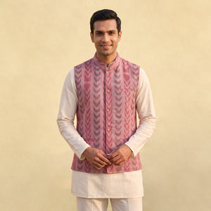 Peach - Sambalpuri Ikat Weave Cotton Men Nehru Jacket 13