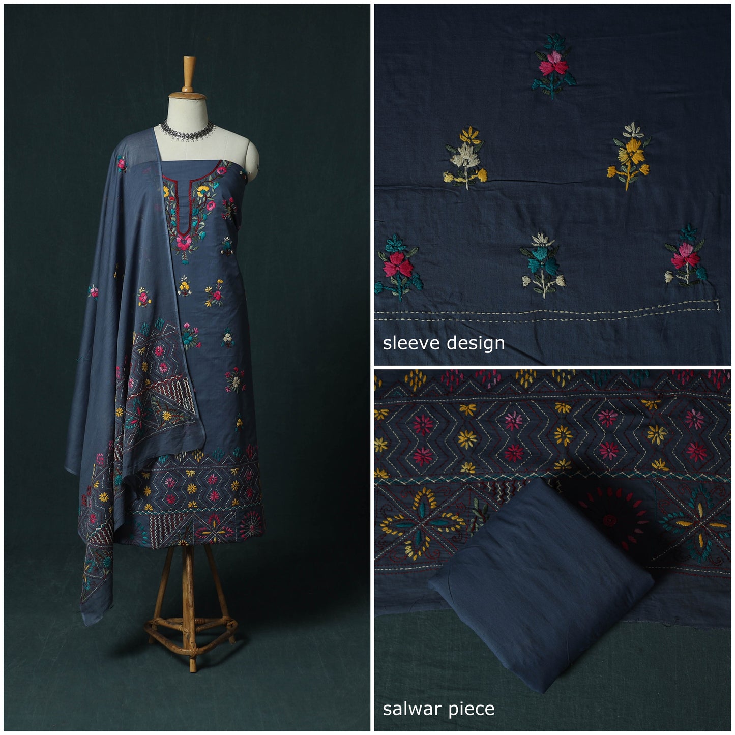 Blue - Hand Embroidered Cotton 3pc Unstitched Dress Material 47