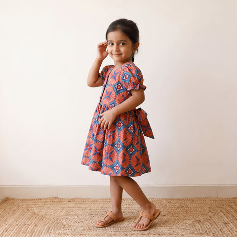 Red - Pure Cotton Girls Frock Dress in Sanganeri Floral Prints (3-4 Years) 12
