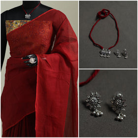 Red - Nazaakat Kota Doria Cotton Plain Saree with Blouse & Jewellery Set 151