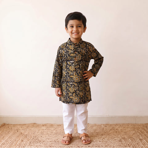 Black - Kids Pure Cotton  Kurta in Bagru Block Prints (3-4 Years) 82