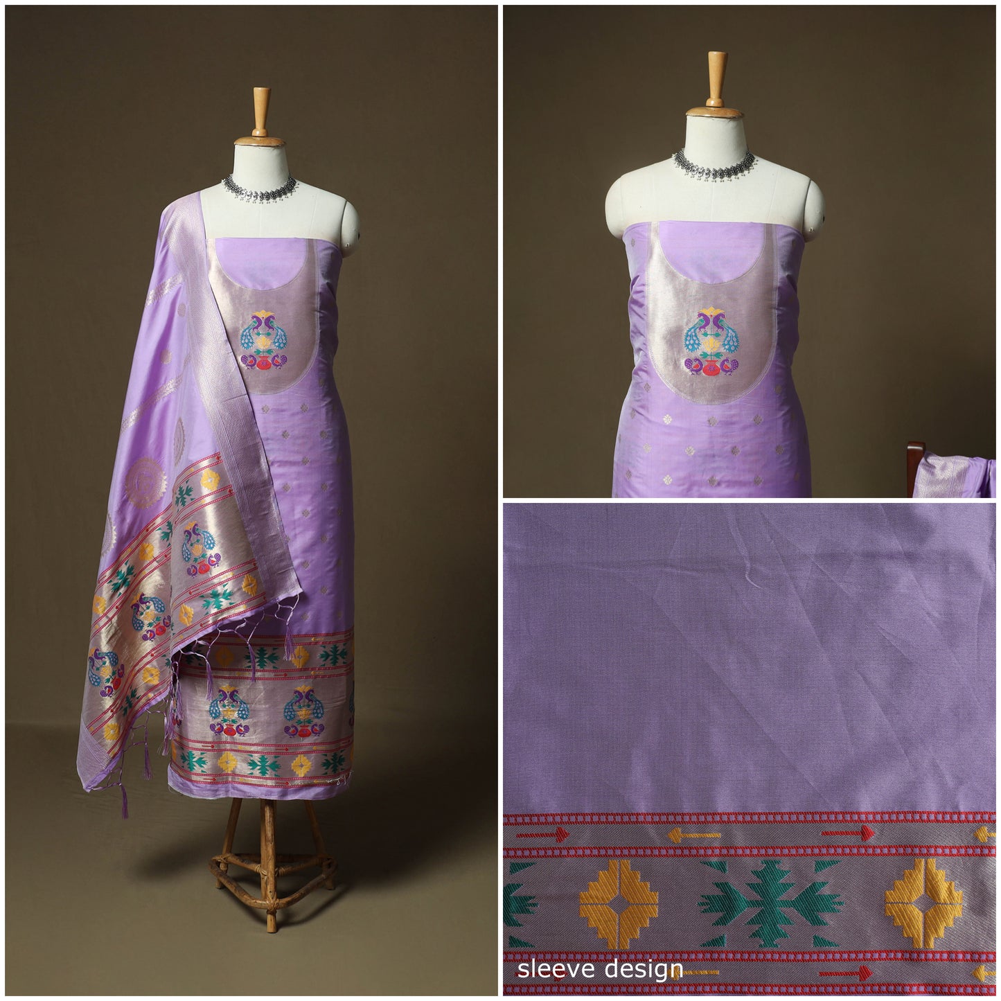 Purple - Bangalore Silk Paithani Weave 3pc Unstitched Dress Material Suit Set 17