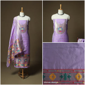 Purple - Bangalore Silk Paithani Weave 3pc Unstitched Dress Material Suit Set 17
