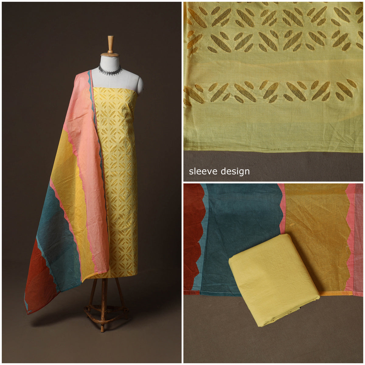Applique Cutwork Cotton Unstitched Dress Material: Kurta, Bottom & Dupatta 17