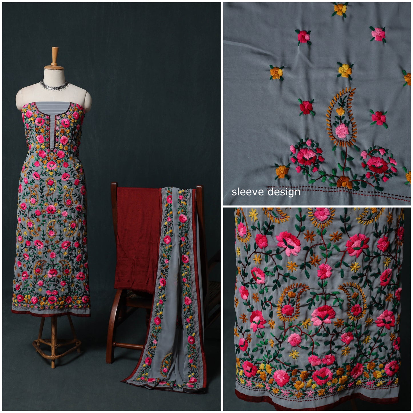 Hand Embroidered Georgette 3pc Unstitched Dress Material Suit Set 33