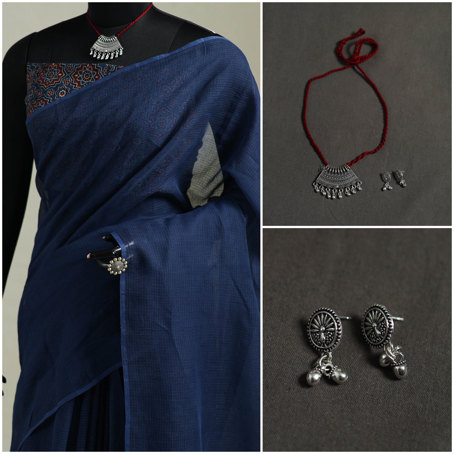 Blue - Nazaakat Kota Doria Cotton Plain Saree with Blouse & Jewellery Set 45