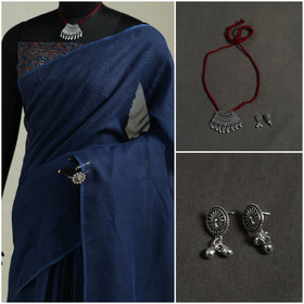 Blue - Nazaakat Kota Doria Cotton Plain Saree with Blouse & Jewellery Set 45