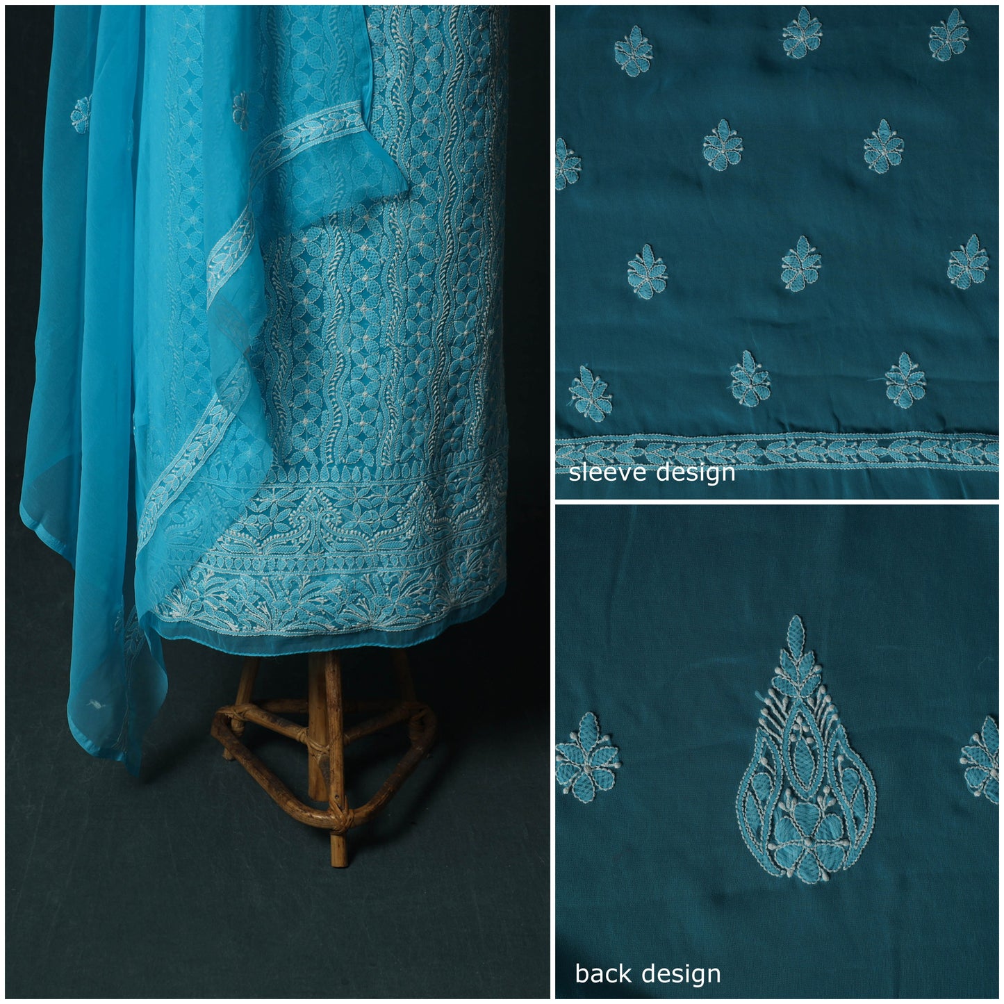 Blue - Lucknowi Chikankari Hand Embroidered Georgette 3pc Unstitched Dress Material Suit Set 18