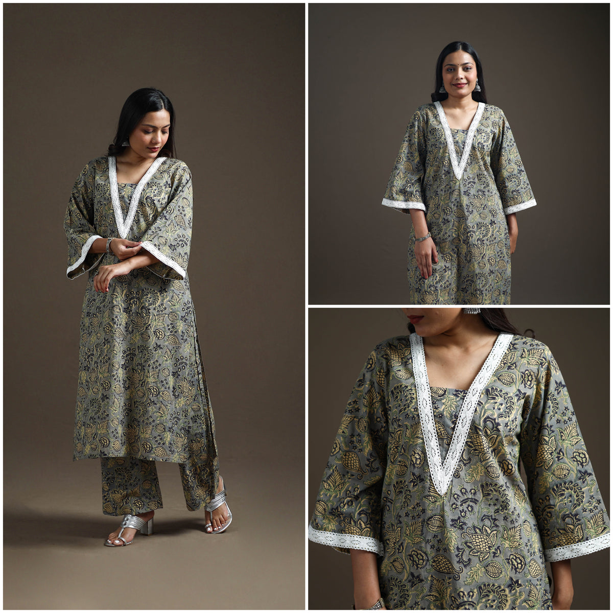 Grey - floral sanganeri print cotton lace work straight