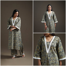 Grey - floral sanganeri print cotton lace work straight