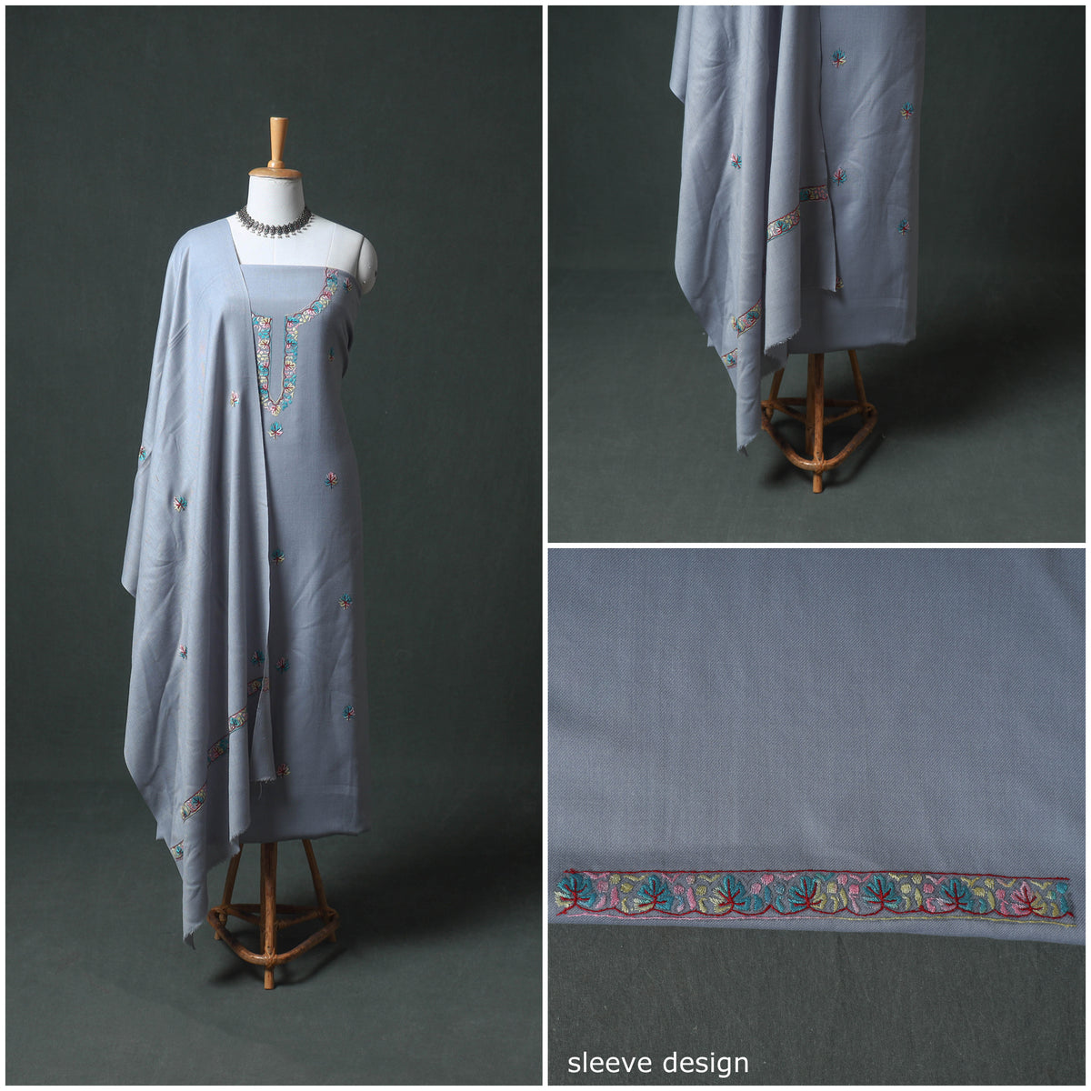 Kashmiri Sozni Hand Embroidered Pure Merino Wool Unstitched Dress Material: Kurta, Bottom with Dupatta 16