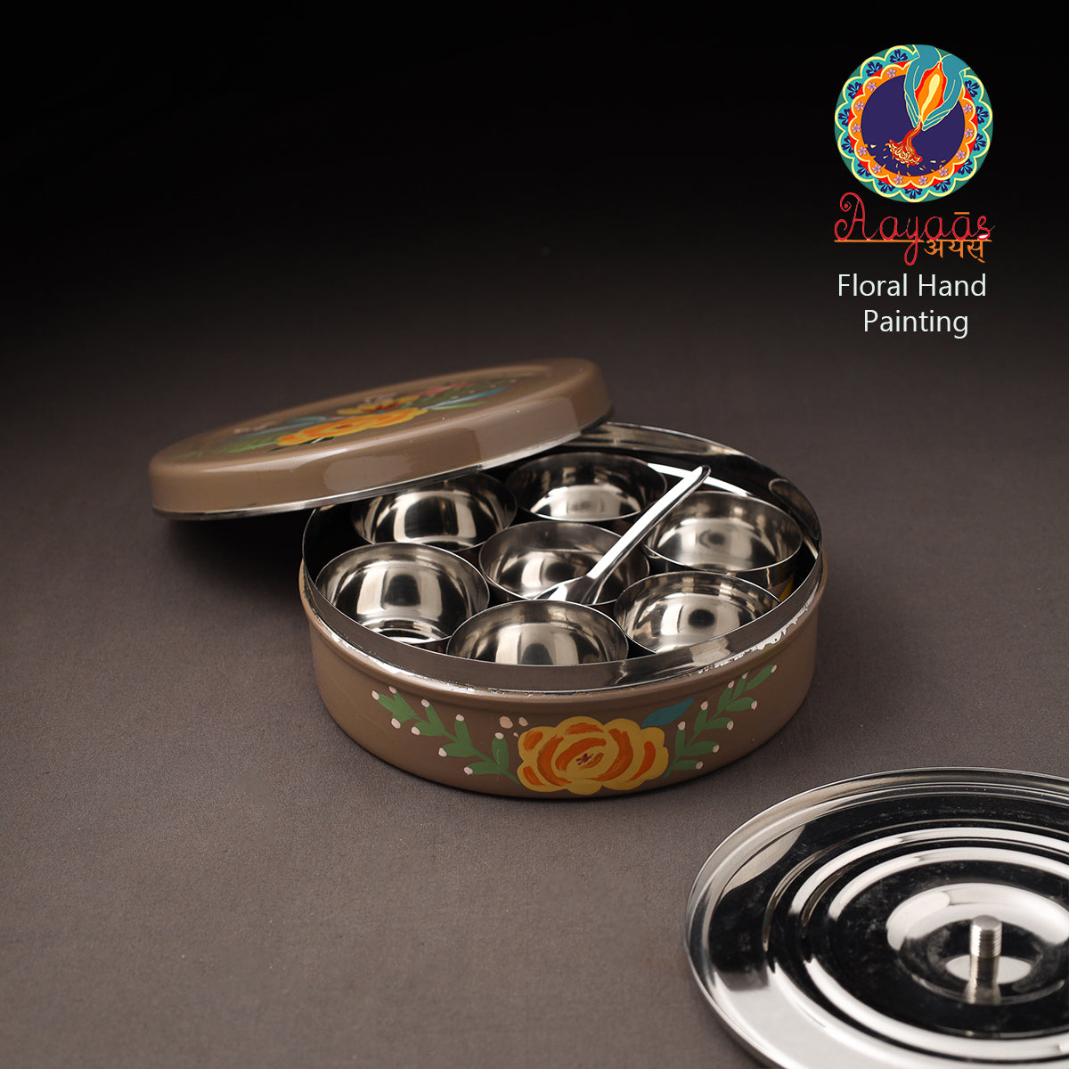 Floral Handpainted Enamelware Stainless Steel Masala Box (7 x 7 in) 18