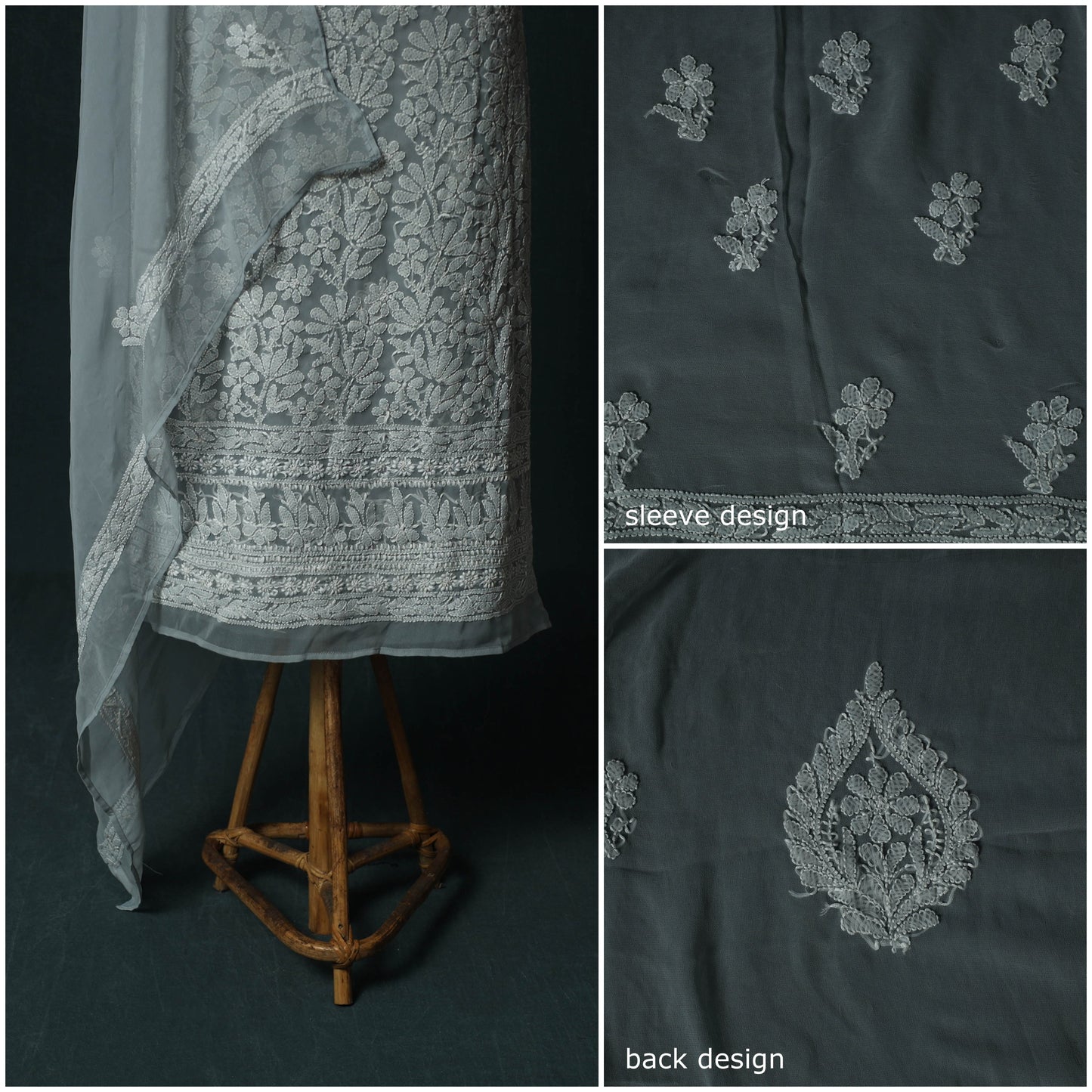 Grey - Gray - Lucknowi Chikankari Hand Embroidered Georgette 3pc Unstitched Dress Material Suit Set 17