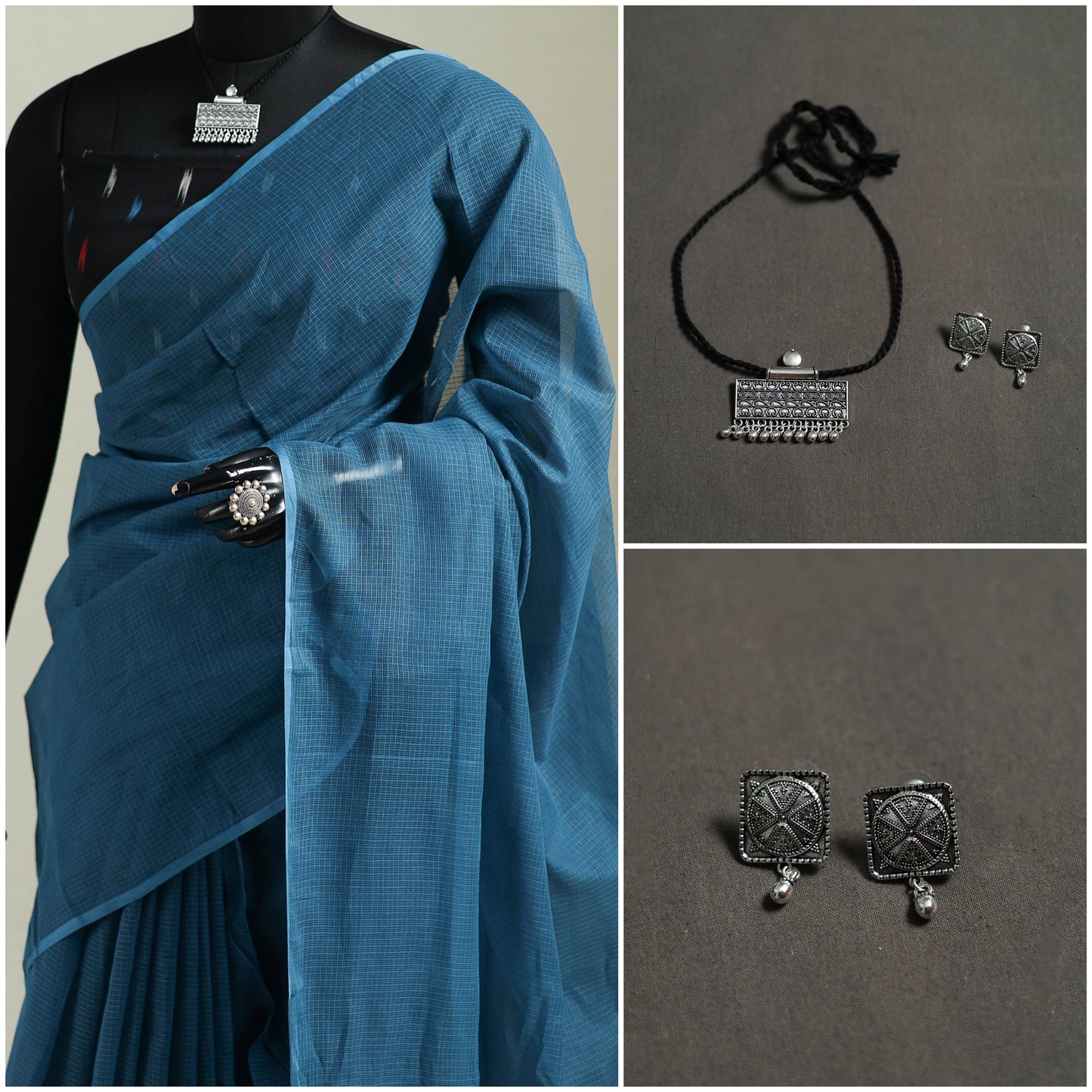 Blue - Nazaakat Kota Doria Cotton Plain Saree with Blouse & Jewellery Set 111