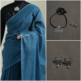 Blue - Nazaakat Kota Doria Cotton Plain Saree with Blouse & Jewellery Set 111