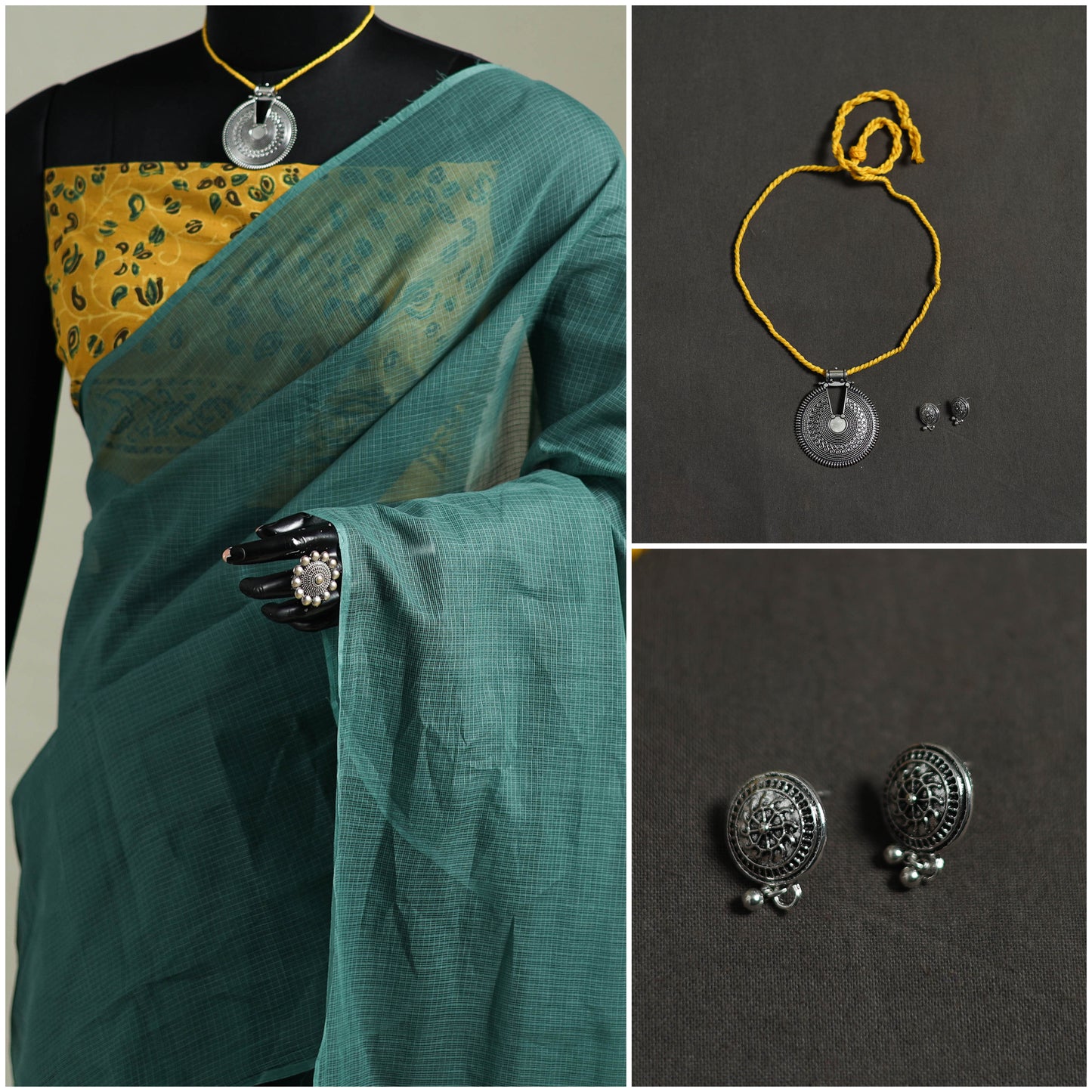 Green - Nazaakat Kota Doria Cotton Plain Saree with Blouse & Jewellery Set 18
