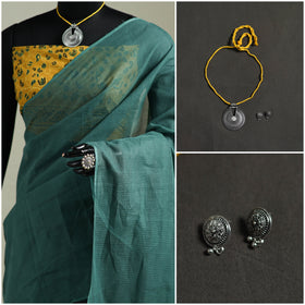 Green - Nazaakat Kota Doria Cotton Plain Saree with Blouse & Jewellery Set 18