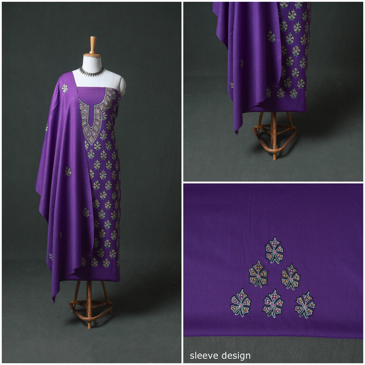 Kashmiri Aari Hand Embroidered Pure Merino Wool Unstitched Dress Material: Kurta, Bottom with Dupatta 18