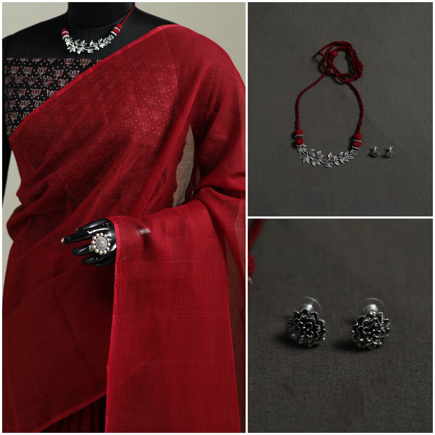 Red - Nazaakat Kota Doria Cotton Plain Saree with Blouse & Jewellery Set 180