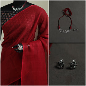 Red - Nazaakat Kota Doria Cotton Plain Saree with Blouse & Jewellery Set 180