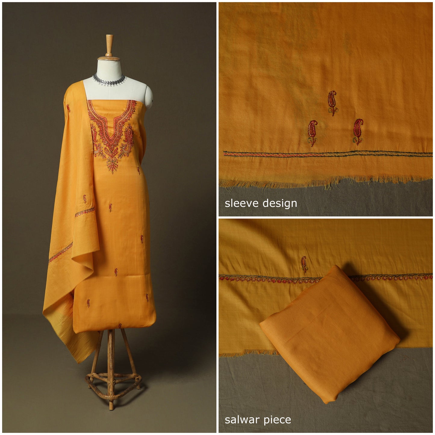 Yellow - Sozni Hand Embroidery Pure Silk 3pc Unstitched Dress Material Suit Set 33