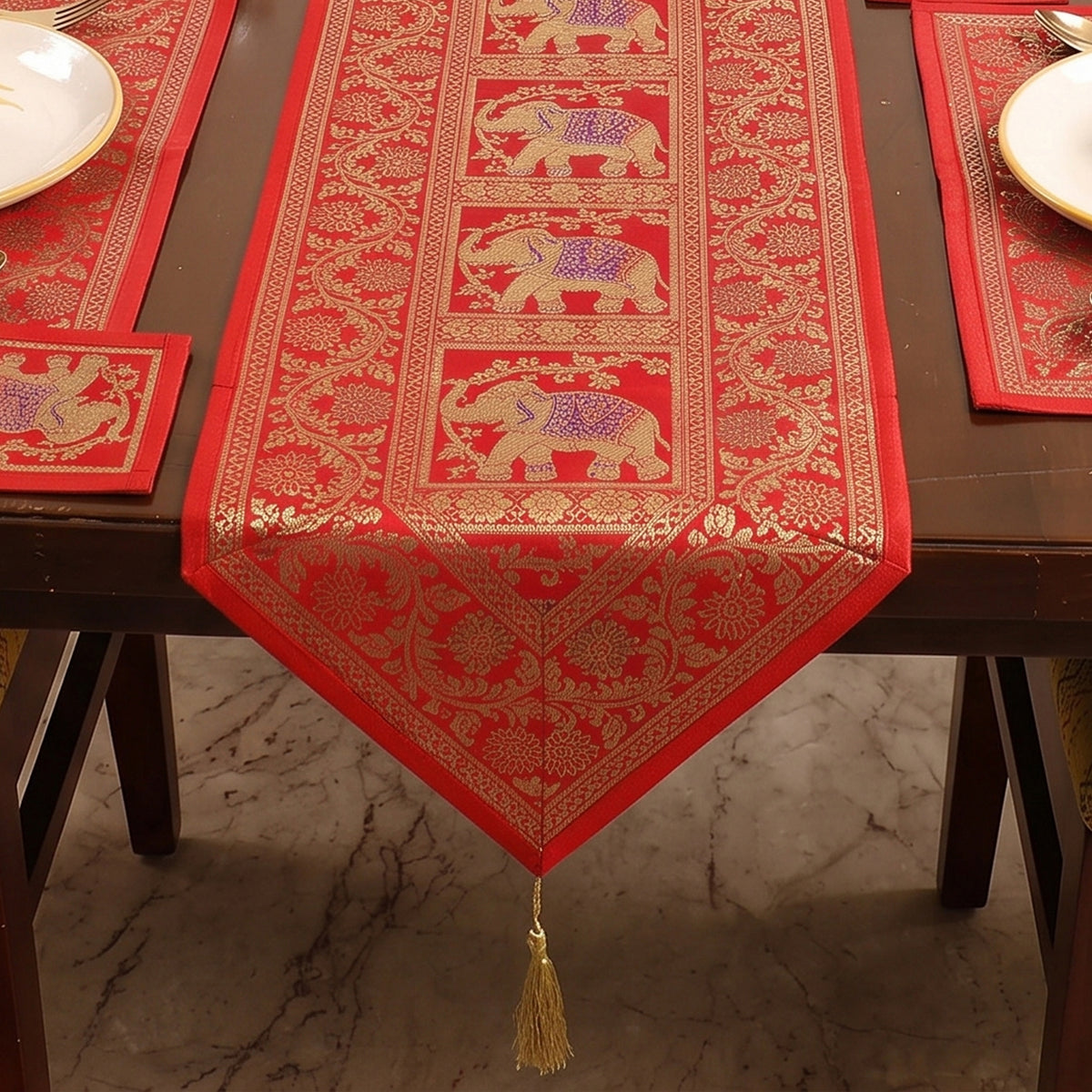 Brocade Banarasi Silk Dining Table Linen with 1 Runner, 6 mats and 6 coasters 08