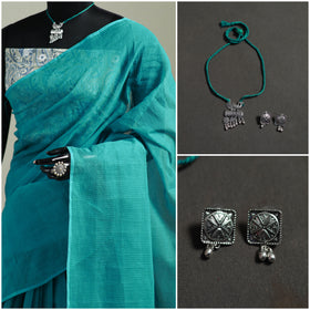 Green - Nazaakat Kota Doria Cotton Plain Saree with Blouse & Jewellery Set 152
