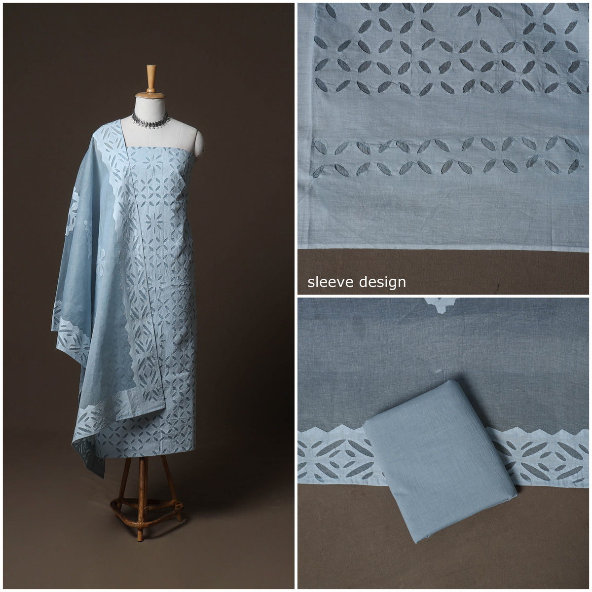Applique Cutwork Cotton Unstitched Dress Material: Kurta, Bottom & Dupatta 18
