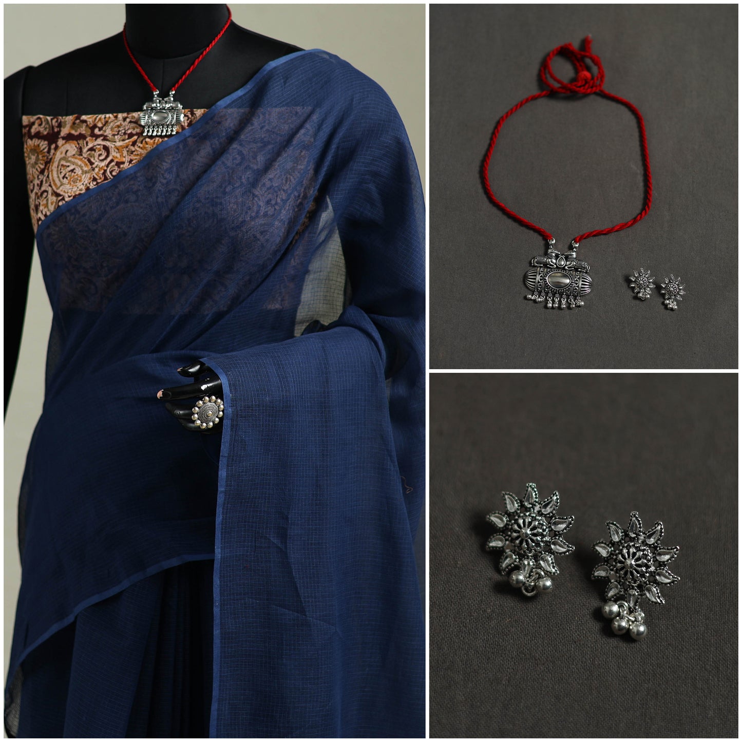 Blue - Nazaakat Kota Doria Cotton Plain Saree with Blouse & Jewellery Set 46