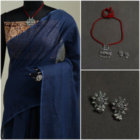 Blue - Nazaakat Kota Doria Cotton Plain Saree with Blouse & Jewellery Set 46