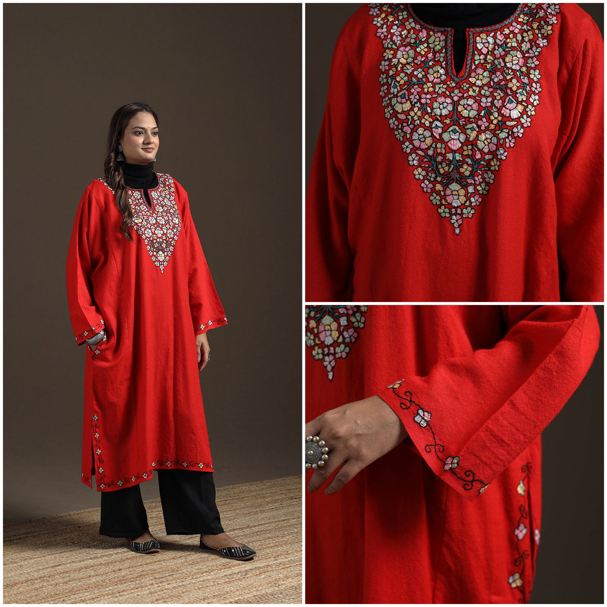 Kashmiri Sozni Hand Embroidered Handwoven Merino Wool Pheran 17