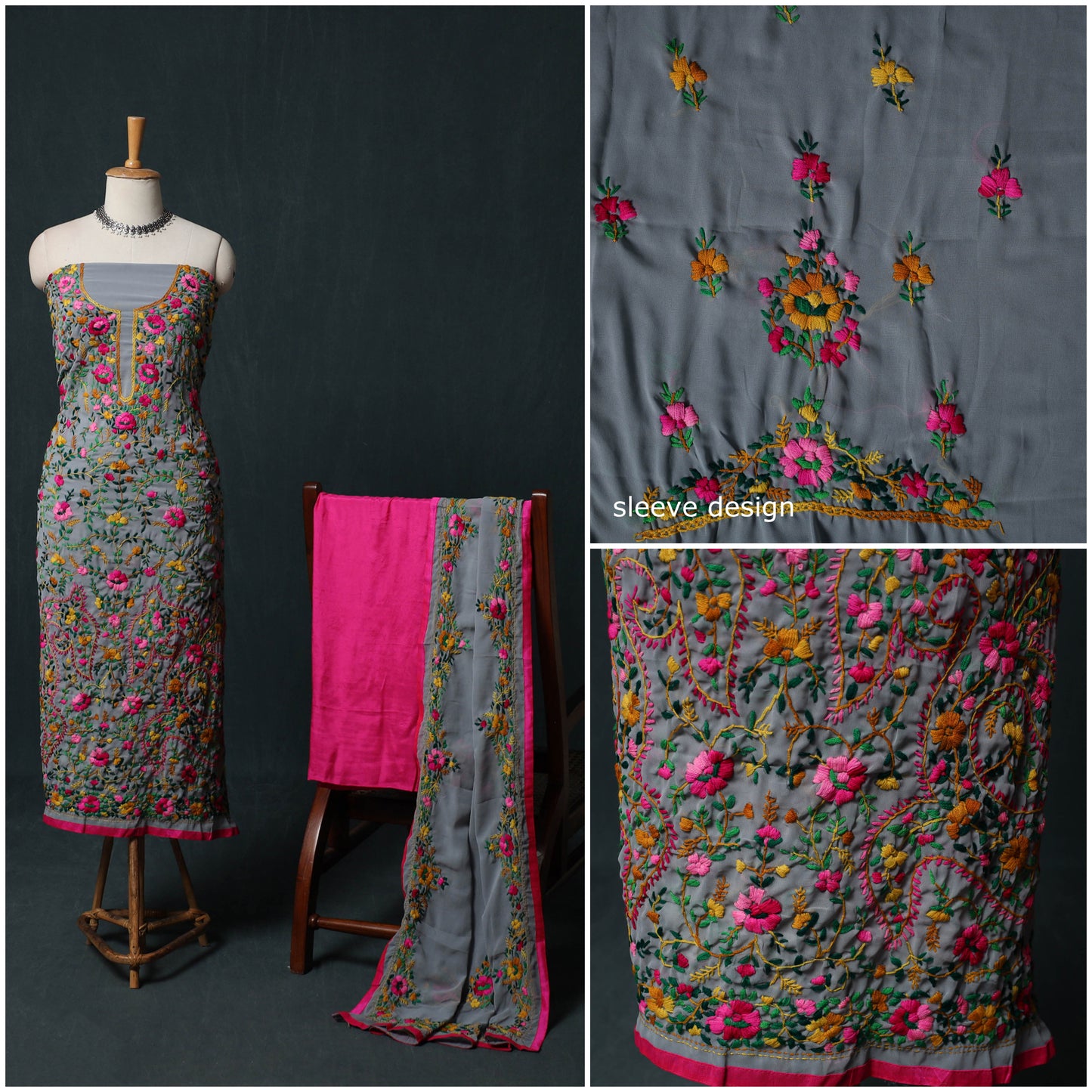 Hand Embroidered Georgette 3pc Unstitched Dress Material Suit Set 34