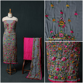 Hand Embroidered Georgette 3pc Unstitched Dress Material Suit Set 34