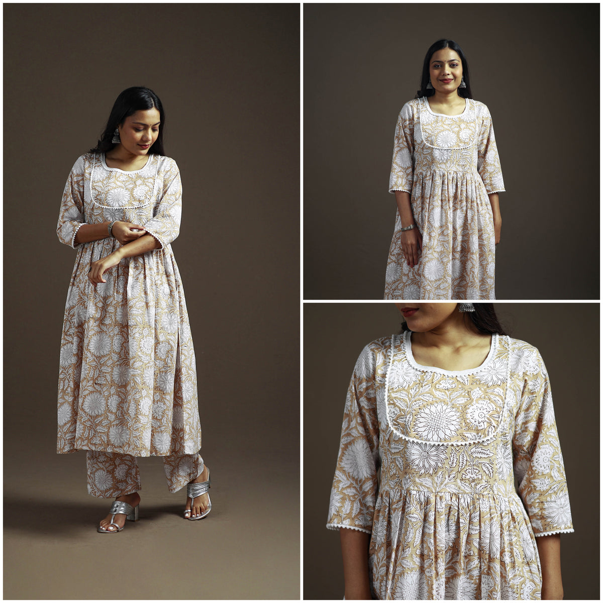 Beige - floral sanganeri print cotton lace work flared