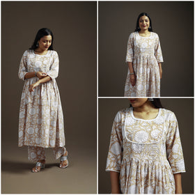 Beige - floral sanganeri print cotton lace work flared