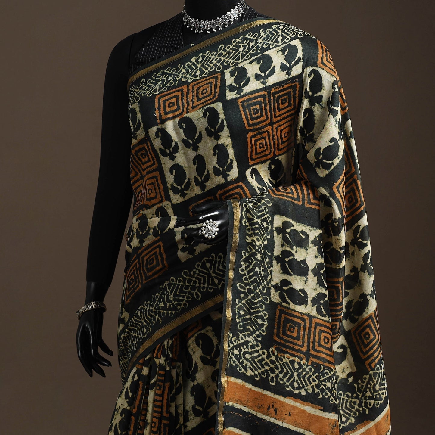 Multicolor - Chanderi Silk Hand Block Print Bagru Saree with Zari Border 18