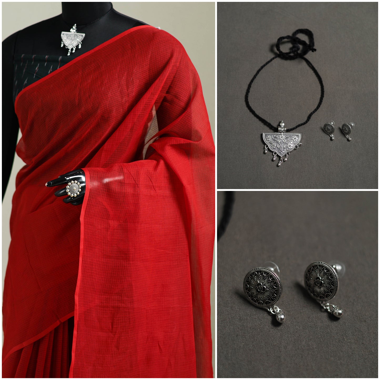 Red - Nazaakat Kota Doria Cotton Plain Saree with Blouse & Jewellery Set 112
