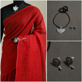 Red - Nazaakat Kota Doria Cotton Plain Saree with Blouse & Jewellery Set 112