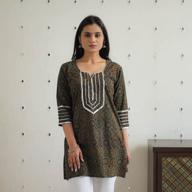 Green Block Print Cotton Gota Work Short Ajrakh Kurta for Women