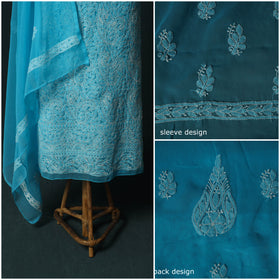 Blue - Lucknowi Chikankari Hand Embroidered Georgette 3pc Unstitched Dress Material Suit Set 19
