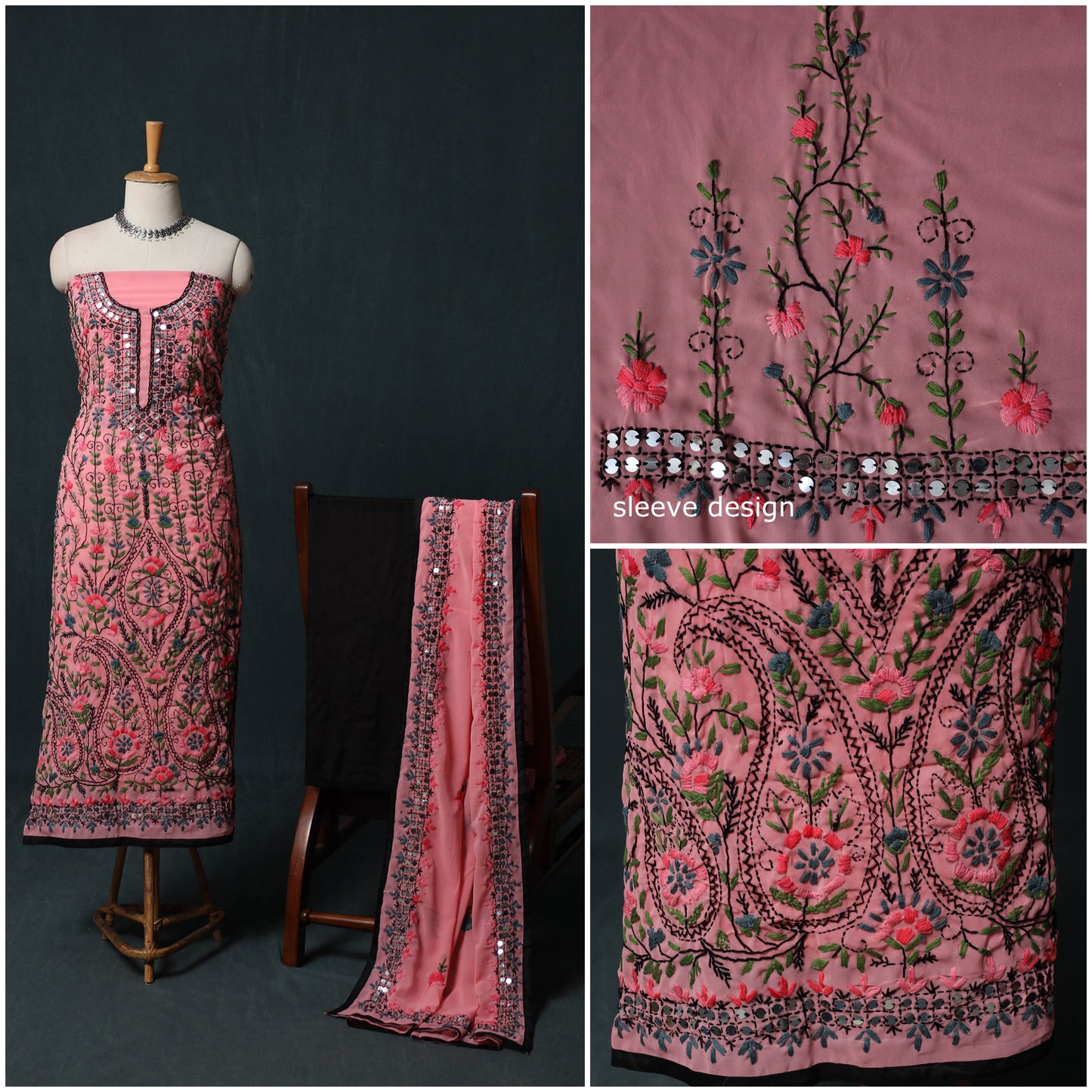 Hand Embroidered Georgette 3pc Unstitched Dress Material Suit Set  35
