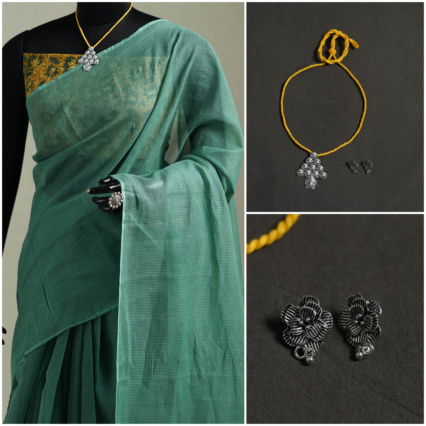 Green - Nazaakat Kota Doria Cotton Plain Saree with Blouse & Jewellery Set 19